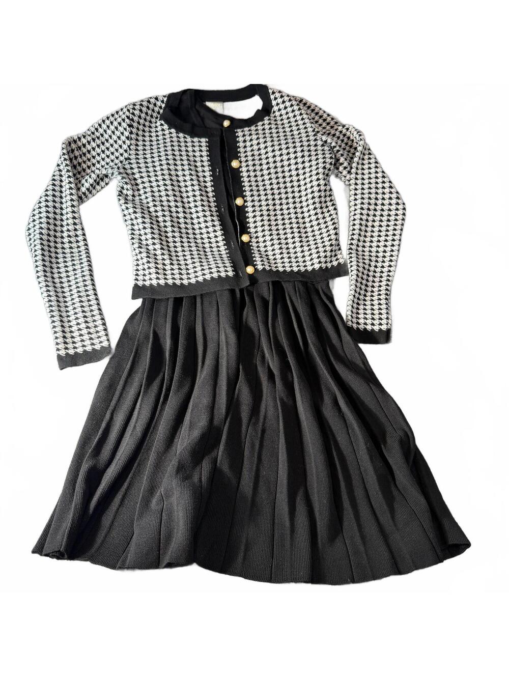 Taylor XS Houndstooth Cardigan Pleated Skirt Set Black White Gold Buttons Knit